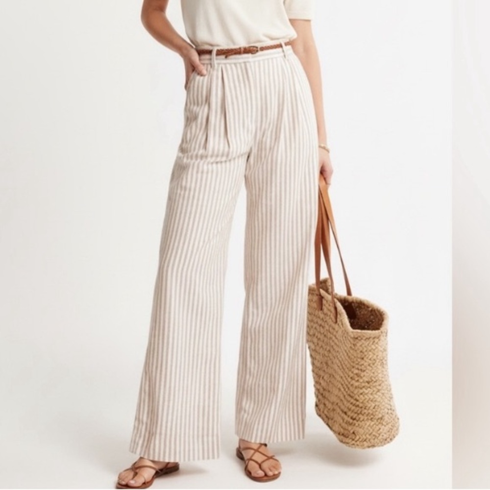 Abercrombie & Fitch Linen Blend Wide Leg Tailored Striped Pant Size Large/ Short